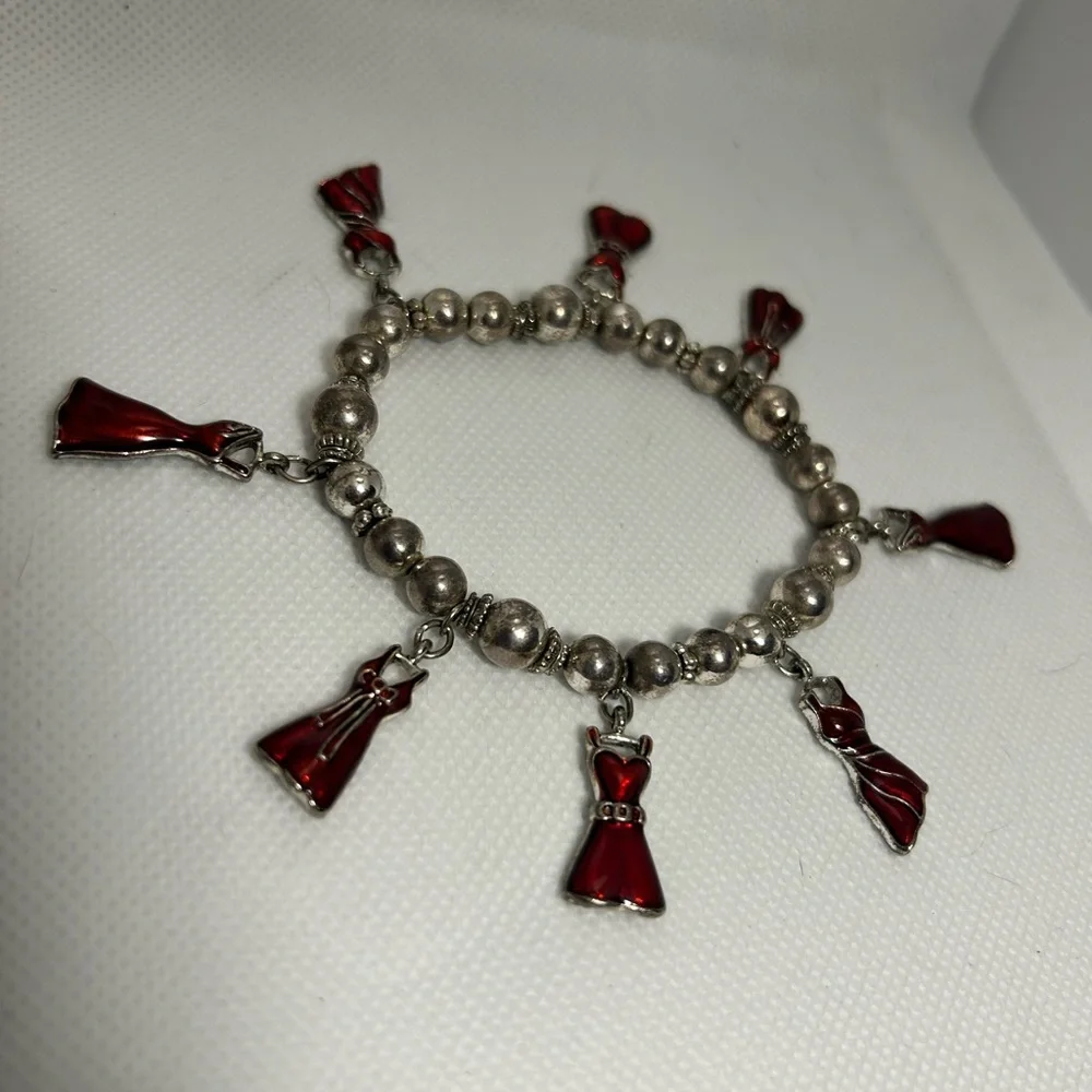 Silver Beaded Bracelet with Red Dress‎ Charms